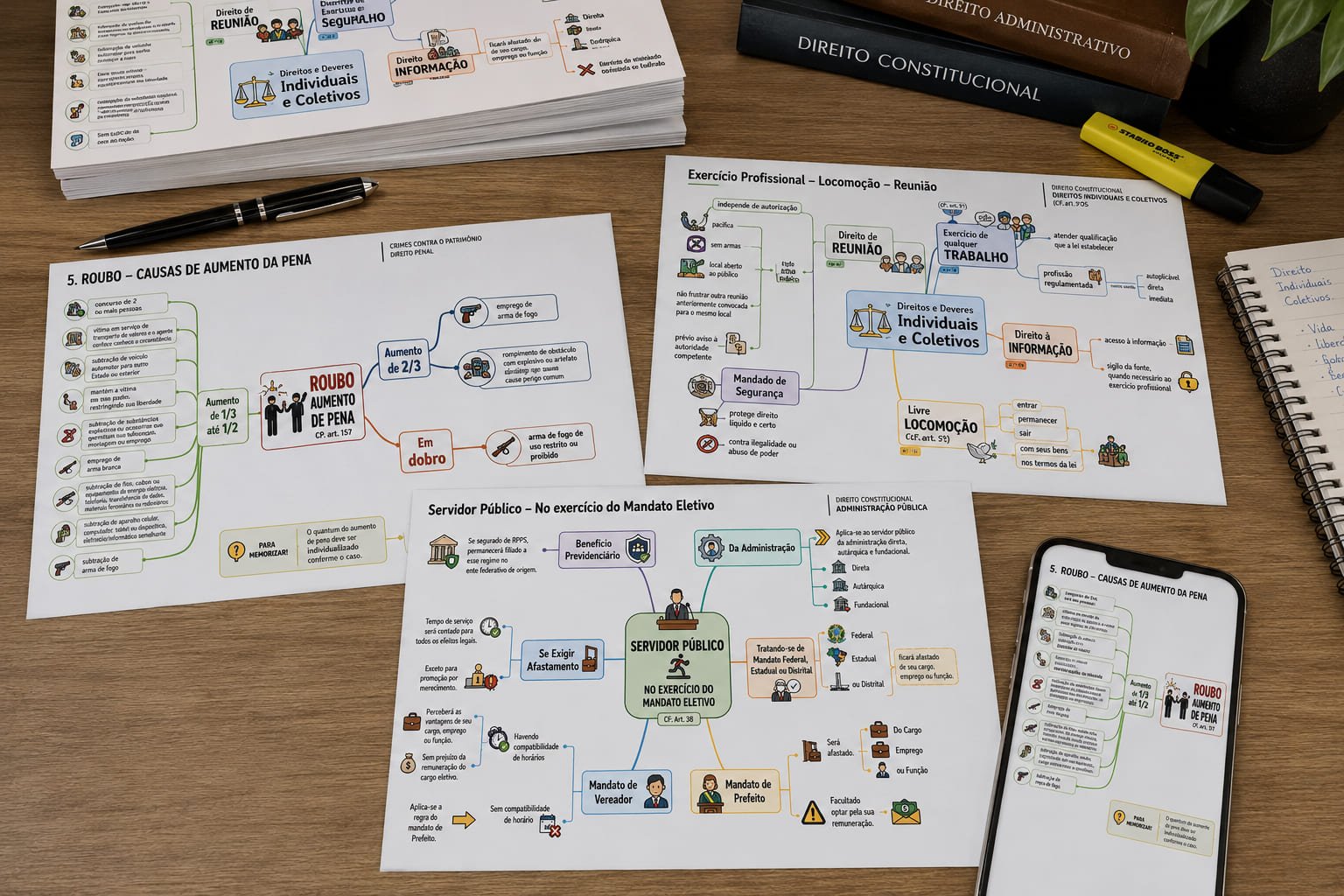 Mapas mentais impressos e no celular, do Desafio Revisa 365